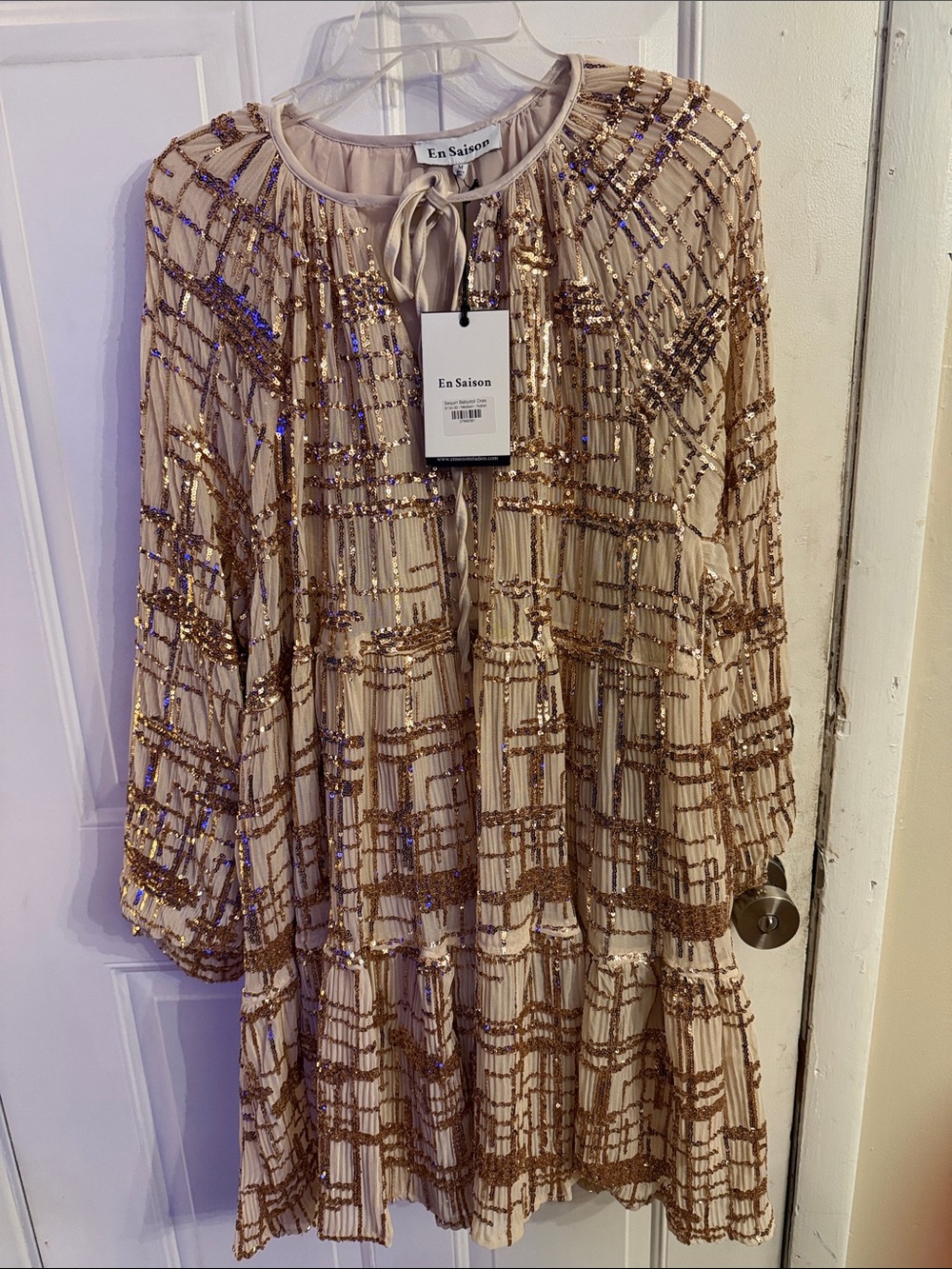 En Saison Beige Tunic with Gold Sequin Grid